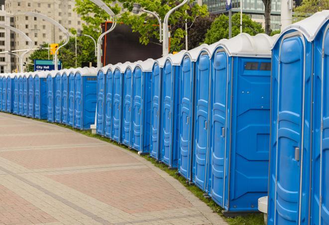 a line of portable restrooms set up for a wedding or special event, ensuring guests have access to comfortable and clean facilities throughout the duration of the celebration in Indianola, WA